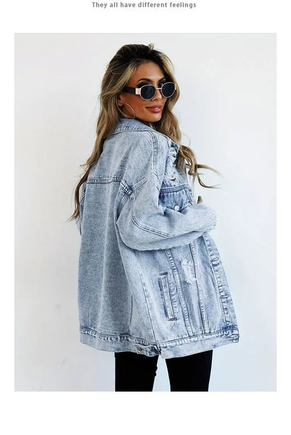 EtherealBe women's distressed denim jacket with a relaxed fit and trendy design for casual wear