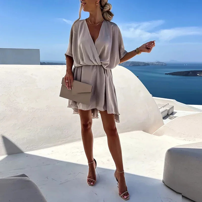 Sexy V Neck Dresses For Women Elegant Short Sleeve Solid A-line Loose Mini Dress Women Casual Beach Party Dress Boho 2022