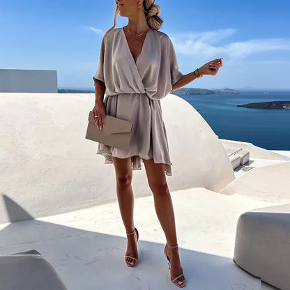 Sexy V Neck Dresses For Women Elegant Short Sleeve Solid A-line Loose Mini Dress Women Casual Beach Party Dress Boho 2022