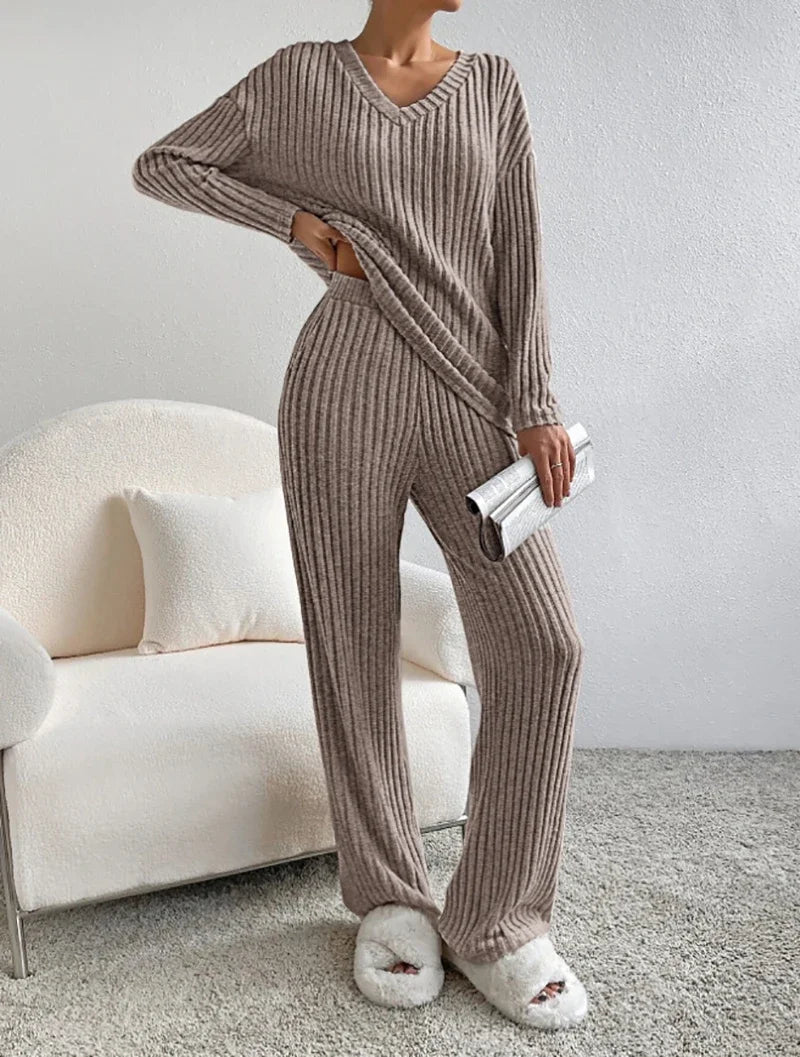 Two-piece Set Female 2024 Fall New Fashion Casual Straight Pants Temperament Loose V-neck Pit-stripe Knitting Women's Clothes