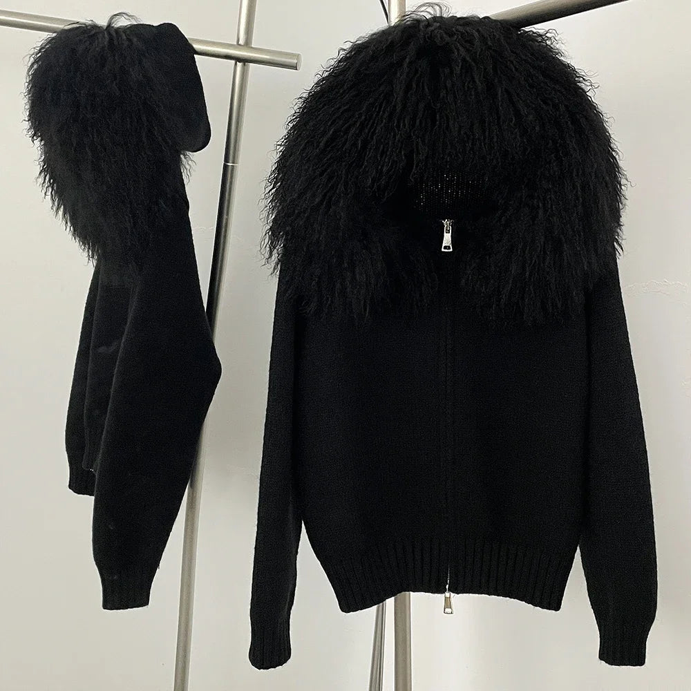 Coat Women Cardigan Natural Fox Fur Coat Women Real Mongolian Fur Knitwear Female Spring Autumn Hooded Knitted Fur Jacket