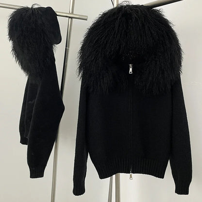 Coat Women Cardigan Natural Fox Fur Coat Women Real Mongolian Fur Knitwear Female Spring Autumn Hooded Knitted Fur Jacket
