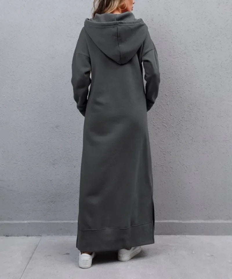 Autumn and Winter New Loose Size Knitted Hooded Long Dress Plush Casual Fashion Dress Large Pocket Skirt Women's Wear