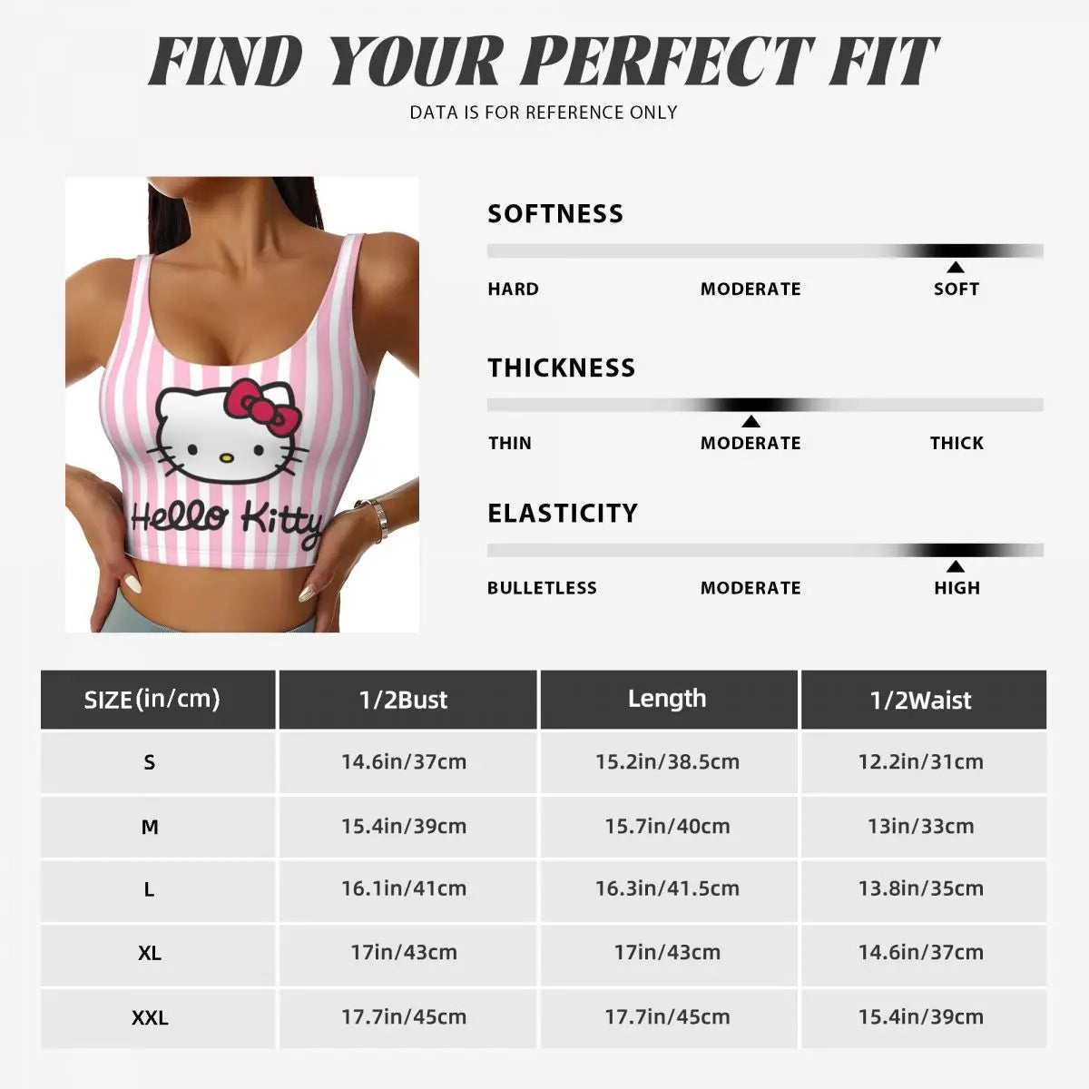 Size chart for Hello Kitty sports bra for women, showing fit details and measurements for all sizes