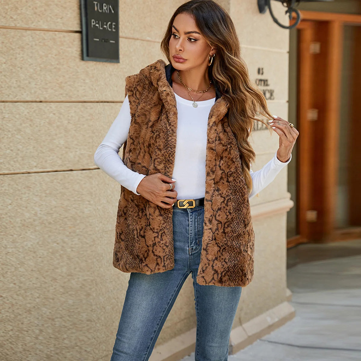 VigoCasey 2025 Autumn Winter Hooded Thick Vest Coat Woman Sleeveless Plush Warm Waistcoat Lady Print Warm Fluffy Vest Jacket