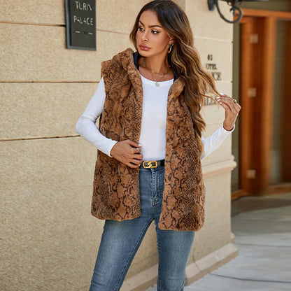 VigoCasey 2025 Autumn Winter Hooded Thick Vest Coat Woman Sleeveless Plush Warm Waistcoat Lady Print Warm Fluffy Vest Jacket