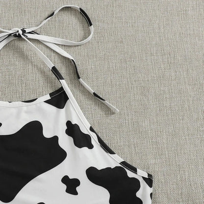 Summer Cow Printed Sexy Tank Tops Women Halter Neck Lace Up Cropped Tops Cute Cosplay Contrast Color Backless Trendy Cami Vest