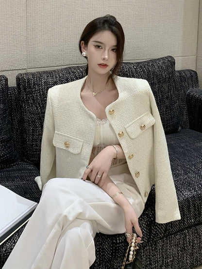High Quality Fashion Small Fragrance Tweed Jacket Coat Women Korean Elegant Coats 2023 New Spring French Vintage Outerwear Top