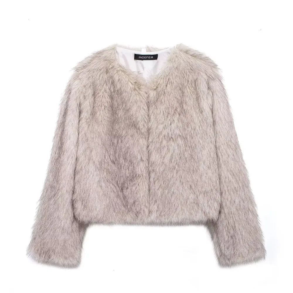 HH Women Winter Fashion Artificial Fur Effect Short Jacket Coats Female O-Neck Vintage Long Sleeve Loose Warm Top Streetwear
