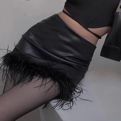 Women Sexy Bodycon Short Skirt Fur Mini Skirt Black High Waist Slim Fit Skinny Matte Faux Leather Skirts Female  Streetwear