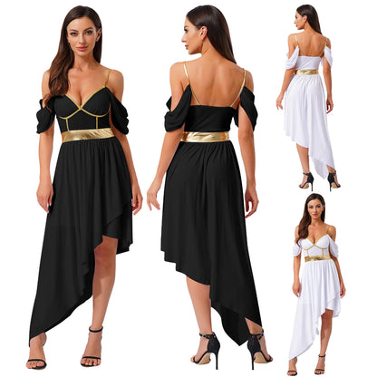 Womens Ancient Greek Costume Halloween Roman Queen Cosplay Dress Metallic Shiny Off Shoulder Sling Carnival Roleplay Dress Up