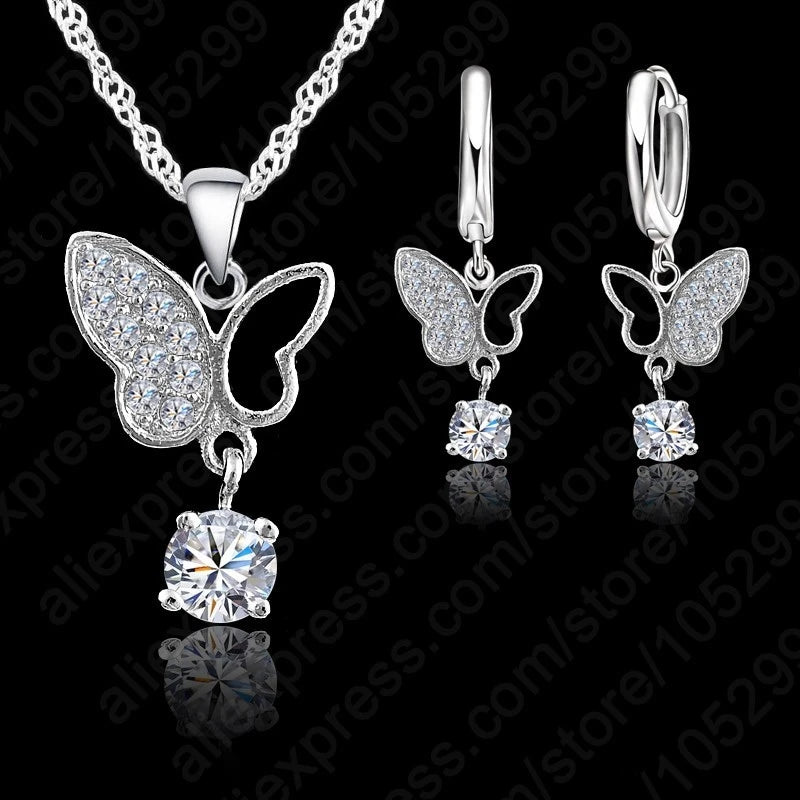 New Bridal Jewelry Sets S925 Sterling Silver Color Mosaic Butterfly CZ Crystal Pave Necklace Pendant Hoop Earrings Nice Gift