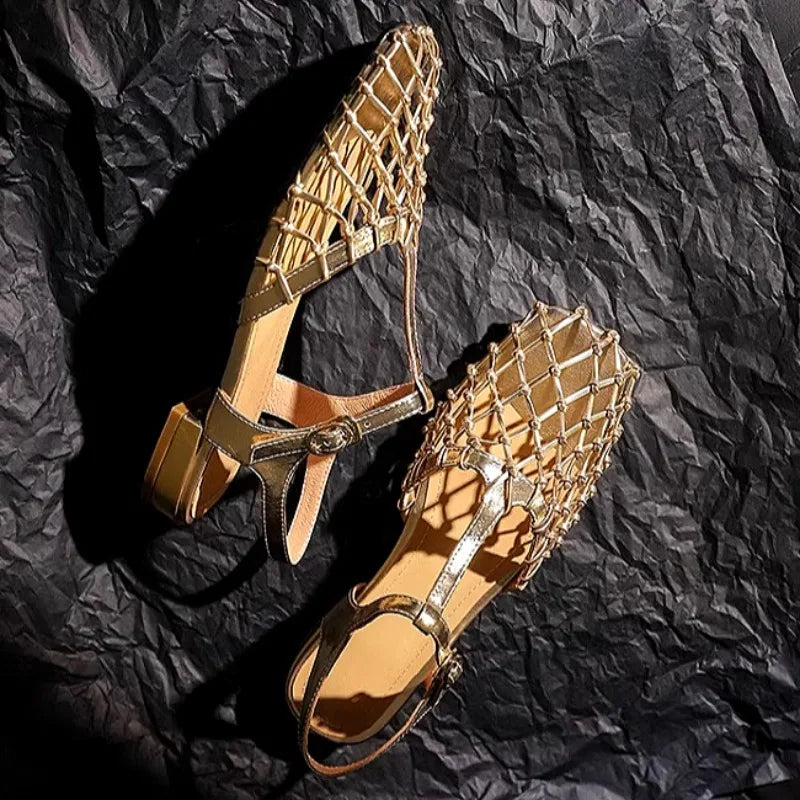 Women Weave Mesh Sandals Square Toe Low Heels Mules Shoes Open Toe Woman Summer 2025 Trend Dress Chunky Designer Pumps Mujer