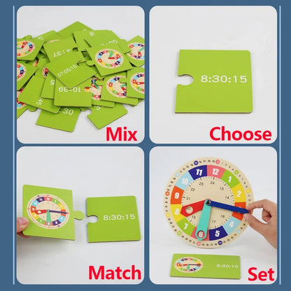 Wooden Clock Model Teaching Aid Montessori Learning Clocks with Cards Kindergartner Toy for Game Interaction Playroom Wall