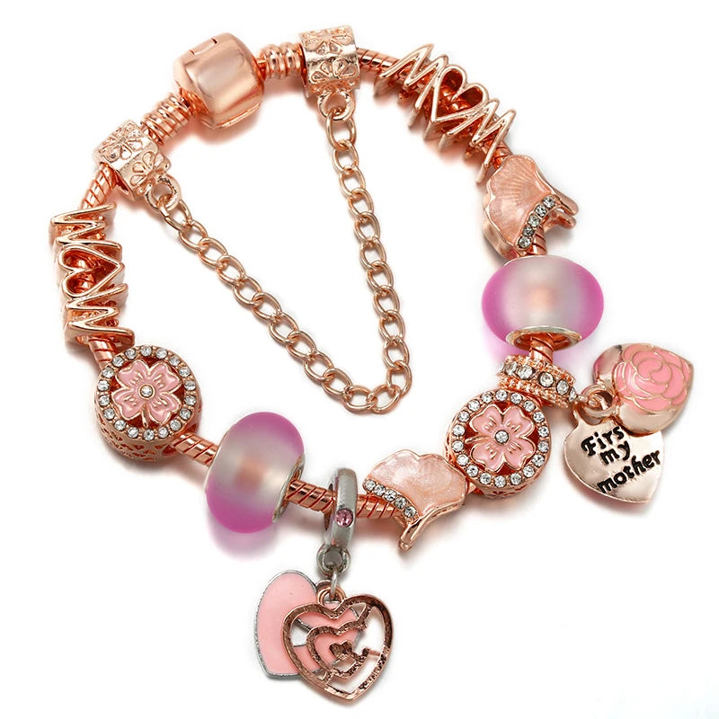 Spring Style Charms Bracelets For Women With Snake Chain Pink Daisy DIY Charms Beads Pendants Fashion Jewelry Dropshipping