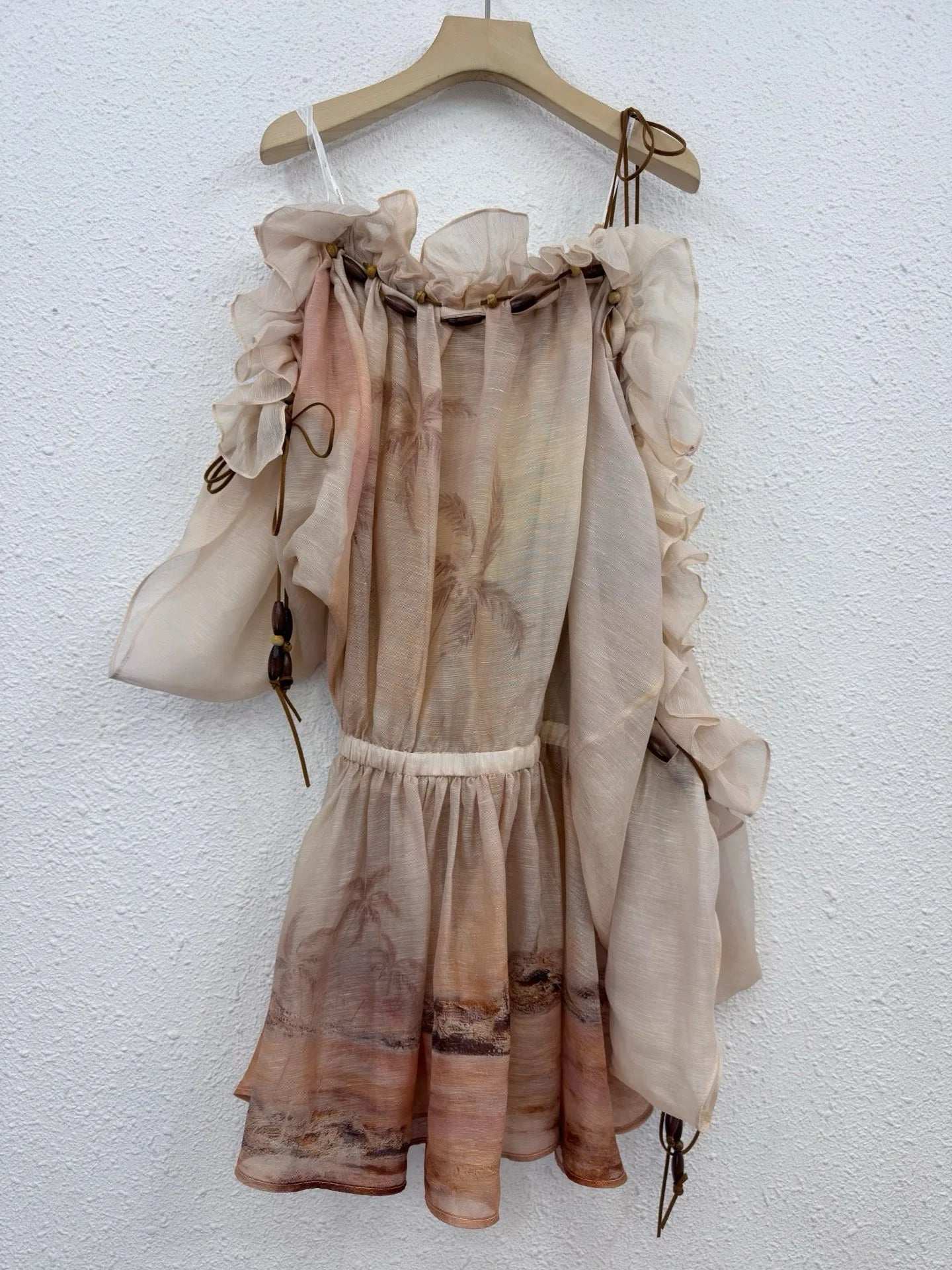 Zimm Runway Designer Slash Neck Silk Linen Printing Women Long Sleeve Mini Dress Chic Vintage Bohemian Elegant Luxury
