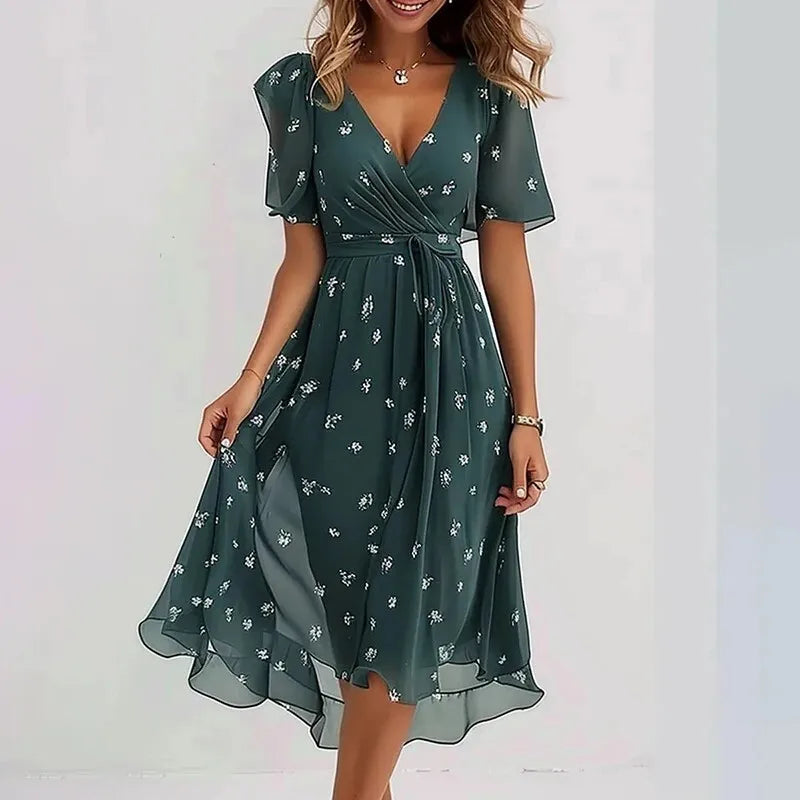Elegant Sexy V Neck Floral Chiffon Mini Skirt Ladie Summer High-waisted Short Sleeve A-Line Bohemian Dress Evening Dress