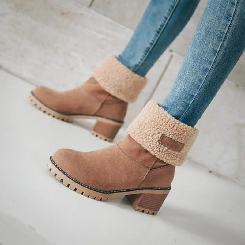 Winter Snow Boots for Women Warm Comfortable Women's Boots Mid-length Thick-heeled High-heeled Women's Cotton Shoes Botas Mujer