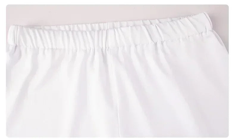 Elastic waistband of white M3GAN cosplay costume for kids for comfortable fit and easy wear