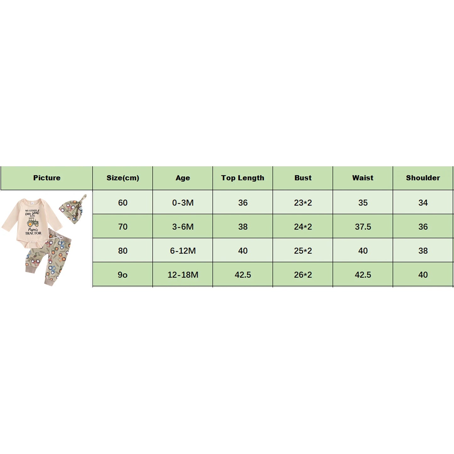 2024-06-01 Lioraitiin 0-18M Baby Boy Fall Outfit Letter Print Long Sleeve Romper and Tractor Print Pants Hat Spring 3 Piece Set