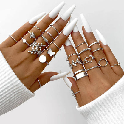 58PCS Vintage Heart Snake Butterfly Rings Set for Women Fashion Metal Gold Plated Geometric Hollow Finger Ring Jewelry Gifts New