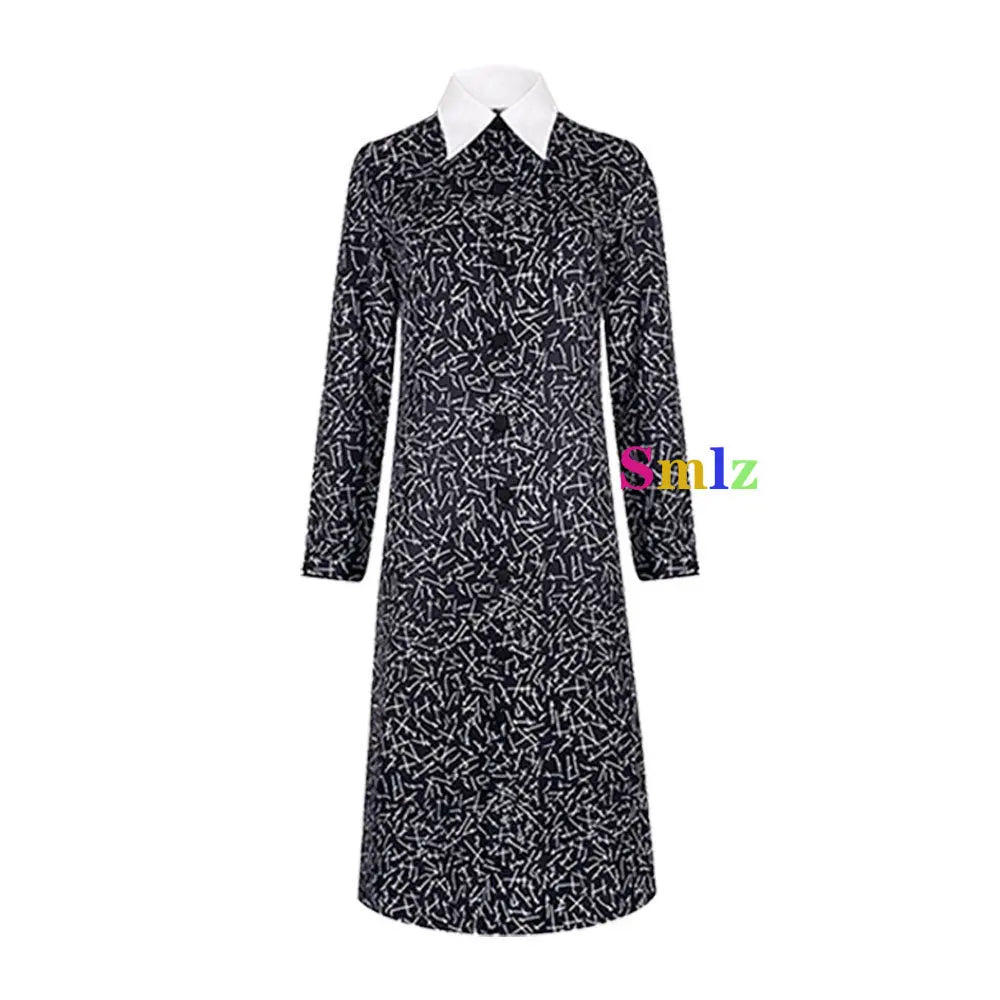 EtherealBe black long sleeve dress with white pointed collar and scattered print Wednesday Addams cosplay dress for women
