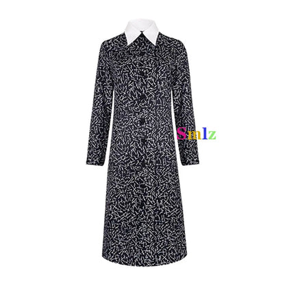 EtherealBe black long sleeve dress with white pointed collar and scattered print Wednesday Addams cosplay dress for women