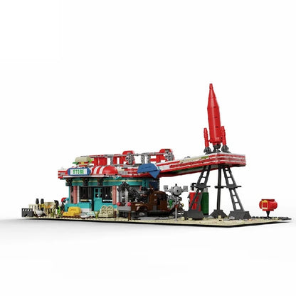 Movie Game Red Abandoned Gas Station Architecture Doomsday MOC House Modular Building Blocks Model Kit Adult Kid Gift 2221PCS