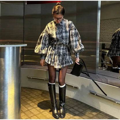 Plaid Print Shirt Ruffles Skirts Set Women Elegant Lapel Button Up Tops Loose Mini A-line Skirt Spring New Lady Chic Outfit LK9Q