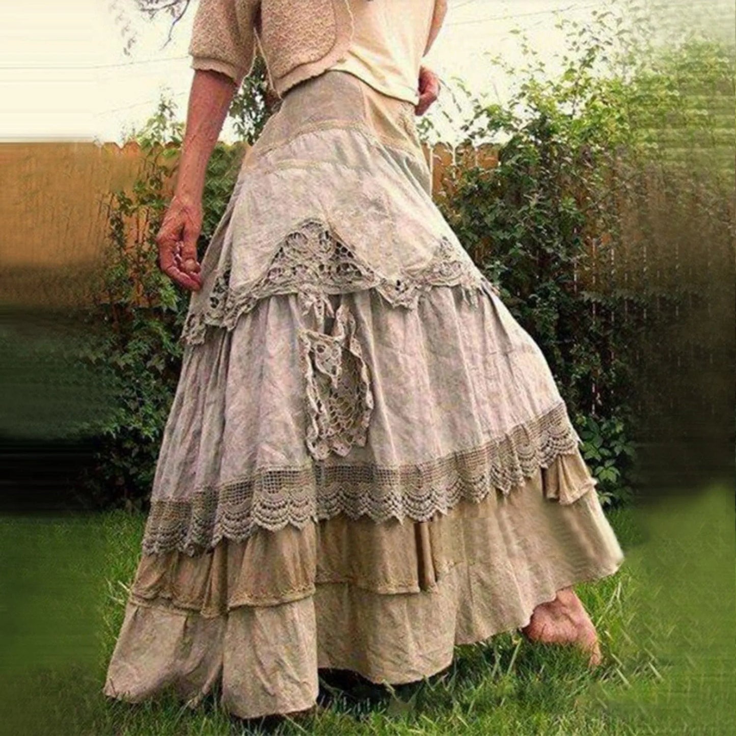 Long Maxi Skirts For Women 2024 Summer Boho Tiered Long Lace Skirt Maxi Net Flared Elegant Button Plus Size Cotton Skirt New