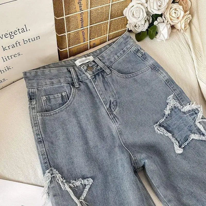 1pcs Streetwear Blue Stars Korean Fashion Denim Y2k Vintage Clothes Women Straight Leg High Waist Jeans