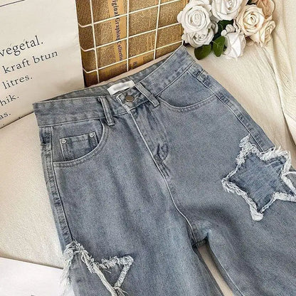 1pcs Streetwear Blue Stars Korean Fashion Denim Y2k Vintage Clothes Women Straight Leg High Waist Jeans