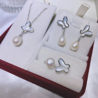 one set freshwater pearl white pink rice 6-8mm pendant necklace /earrings/Ring butterfly shell