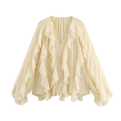 MUJER Ruffle Womens Blouses Semi Sheer Casual Blouses Woman Spring Fairy Shirts and Blouses for Lady Long Sleeve Tops Woman 2025