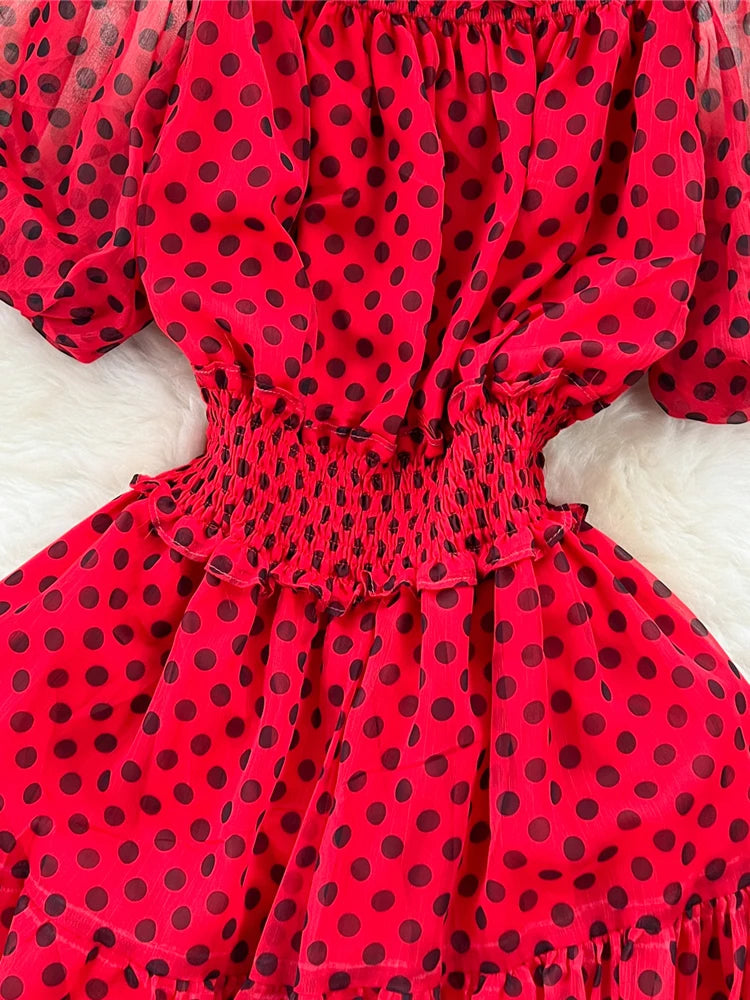 Summer Women Red/Green/White Polka Dot Chiffon Long Dress Beach Vacation Sexy Short Puff Sleeve High Waist A-Line Party Robe New