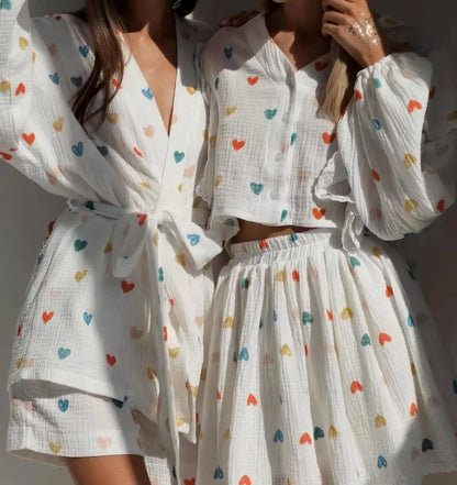 Spring And Summer New Fashion Ruffle Edge Long Sleeved Printed Shirt + Elastic Waist Short Skirt Set For Women,4 Colors