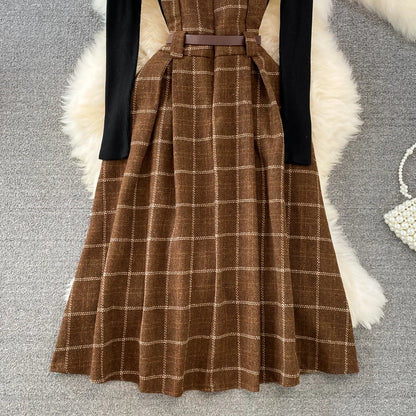 High Quality Fall Winter Women Sweater Overalls Dress Sets Casual Knitted Tops +Plaid Woolen Dress 2 Piece Sets Outfits Female