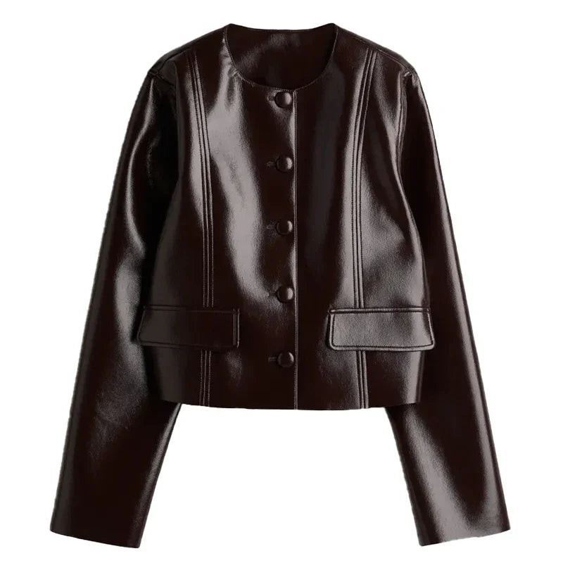 Vintage Women Leather Sets Lapel Single Breasted Jacket Slim Fit Mini Skirt Retro Fashin Female Suit 2024 Lady Jacket Skirt Sets