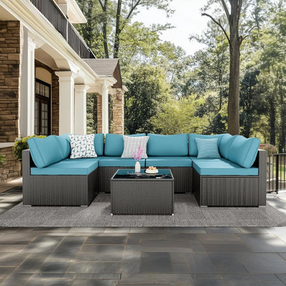 7 Pieces Patio Furniture Set - Outdoor Sectional Wicker Rattan Furniture with Cushion and Glass Table Patio Poolside Backyard