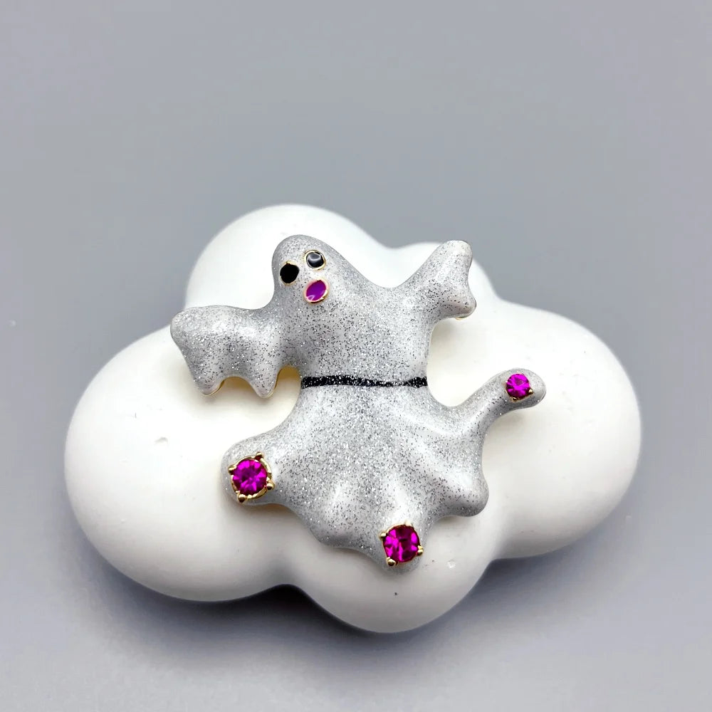 EtherealBe Halloween brooch pins featuring a cute ghost design with pink accents on a cloud backdrop