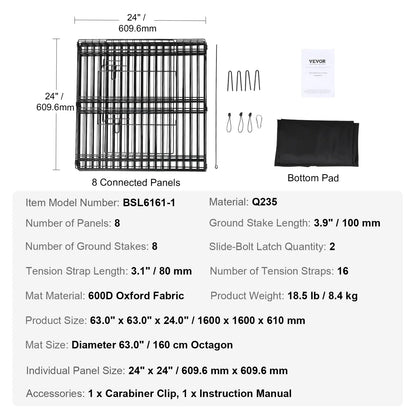 VEVOR Dog Playpen 8 Panels Foldable Metal Dog Exercise Pen Pet Fence with Bottom Pad Cover for Puppy Outdoor Camping Yard Kennel