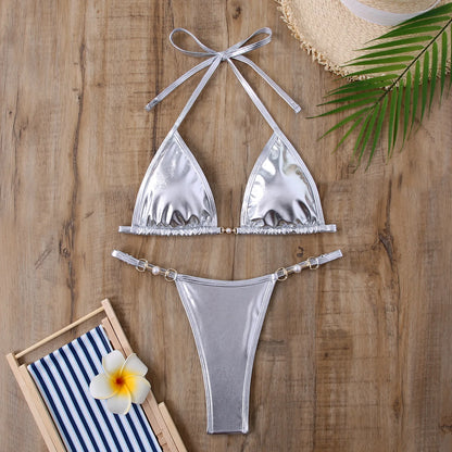 Shiny Pink Micro Bikini 2025 Mujer Women Sexy PU Pearls Push Up Thong Swimsuit Summer Bathing Suit Bandage Holiday Swimwear