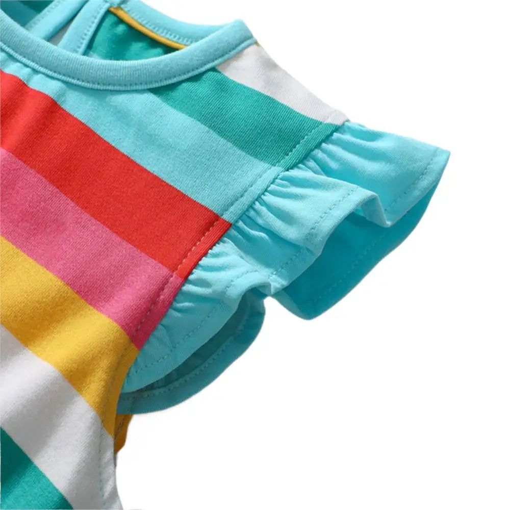 Kids Clothes 2025 New Summer Children's Clothing Cartoon Rainbow Striped Dresses Cotton Casual Vestidos  Gifts