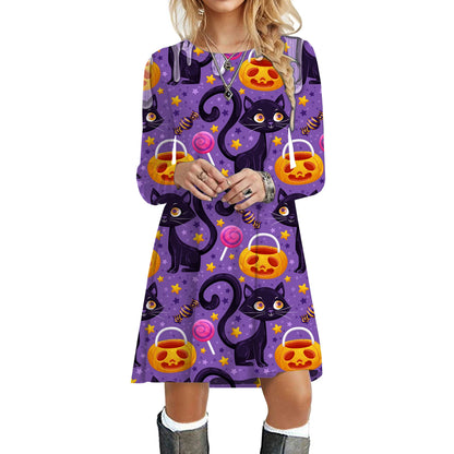 Halloween Party Dresses For Women Funny Cats 3D Pumpkin Print Dress Autumn Winter Fashion Long Sleeve Kawaii Dress Oversize 2023