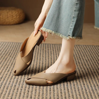 2024 Summer Slippers Women Genuine Leather Shoes for Women Pointed Toe Low Heel Mules Elegant Sandals Women Slides Ladies Shoes