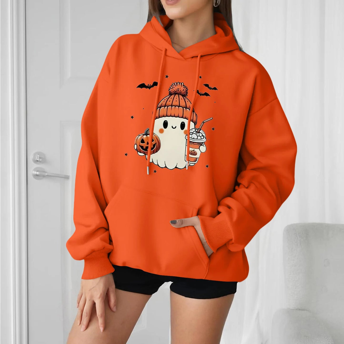 Women Halloween Printed Hoodie Casual Long Sleeve Sweatshirt Fashion Oversize Pullover Cozy Winter Streetwear Chic Loungewear