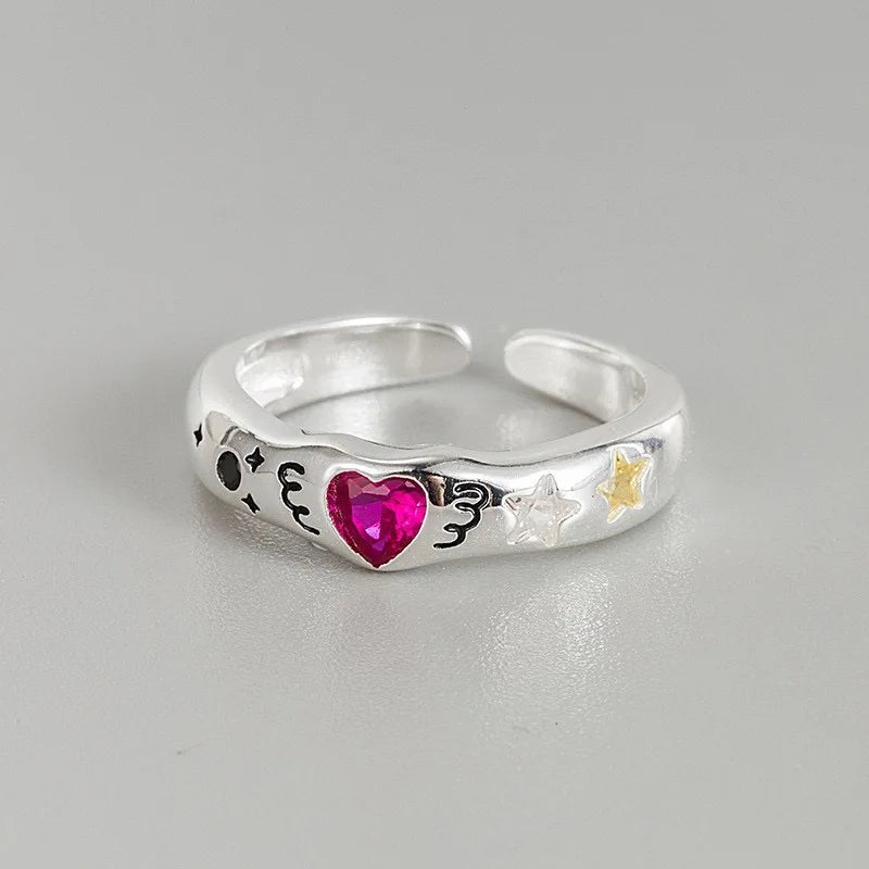 BF CLUB Silver Color Rings for Women Fashion Geometric Handmade Irregular Red Heart Ring Party Christmas Gift