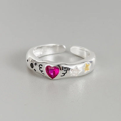 BF CLUB Silver Color Rings for Women Fashion Geometric Handmade Irregular Red Heart Ring Party Christmas Gift