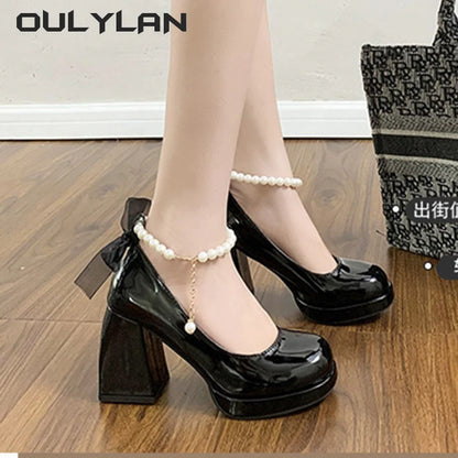 Oulylan Women High Heels Elegant Bow Square Toe Black Fashion  Pumps Thick Heel Wedding Party Pearl Lace Wedding Shoes Ladies