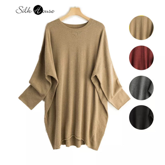 Silk Cashmere Sweater Women's Mulberry Silk Round Neck Solid Color Bottomed Shirt Top Medium Long Batwing Sleeve Loose Sweater